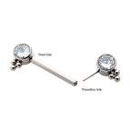 TITANIUM WITH ONE SIDE FIXED & ONE SIDE THREADLESS NIPPLE BARBELL WITH TRIO BEAD&BEZEL SET CZ ENDS