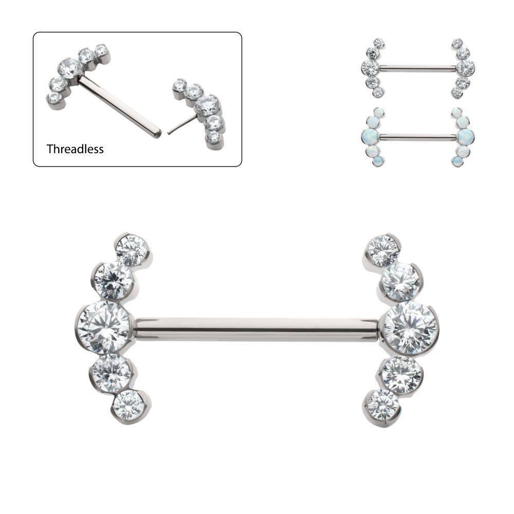 TITANIUM SEMI-BEZEL SET ROUND GEM/OPAL 5-CLUSTER END NIPPLE BARBELL (ONE SIDE FIXED,ONE SIDE THREADLESS)