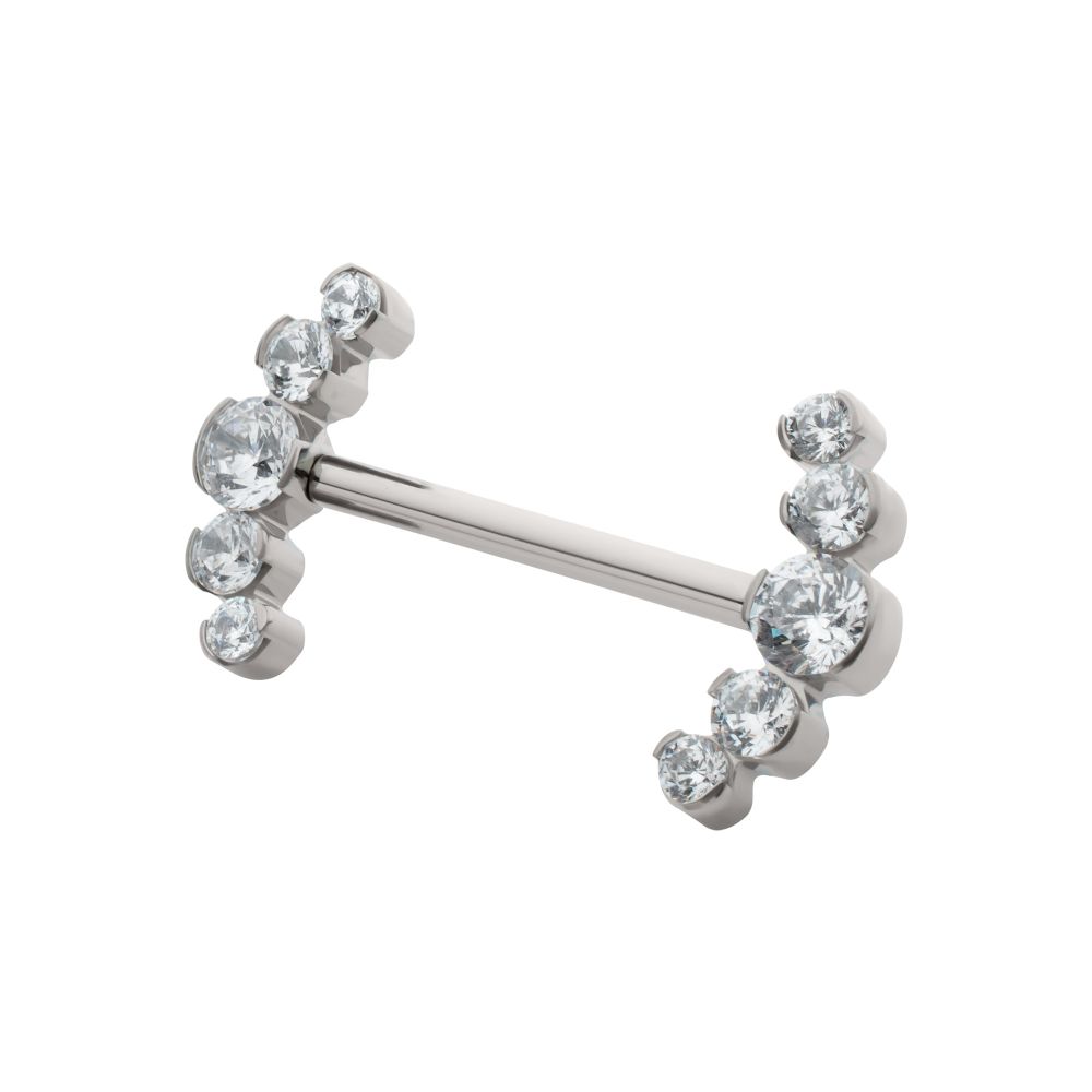 TITANIUM SEMI-BEZEL SET ROUND GEM/OPAL 5-CLUSTER END NIPPLE BARBELL (ONE SIDE FIXED,ONE SIDE THREADLESS)
