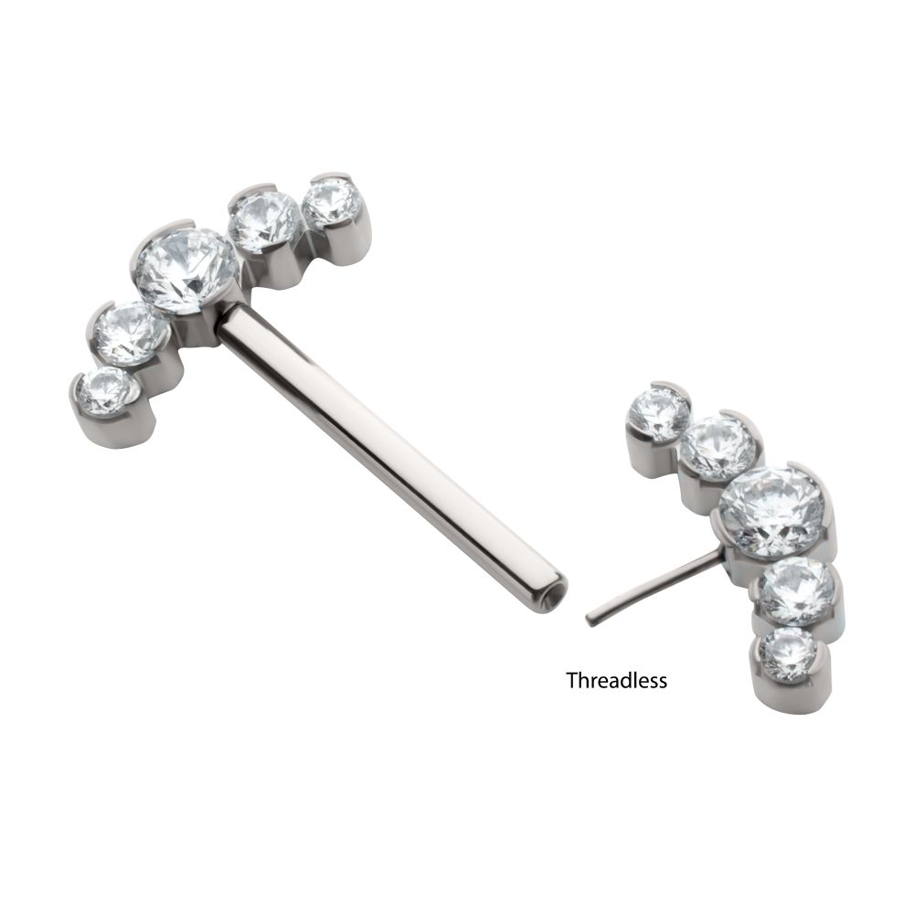 TITANIUM SEMI-BEZEL SET ROUND GEM/OPAL 5-CLUSTER END NIPPLE BARBELL (ONE SIDE FIXED,ONE SIDE THREADLESS)