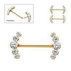 24KT GOLD PVD TITANIUM SEMI-BEZEL SET ROUND GEM/OPAL 5-CLUSTER END NIPPLE BARBELL (ONE SIDE FIXED,ONE SIDE THREADLESS)