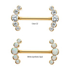 24KT GOLD PVD TITANIUM SEMI-BEZEL SET ROUND GEM/OPAL 5-CLUSTER END NIPPLE BARBELL (ONE SIDE FIXED,ONE SIDE THREADLESS)