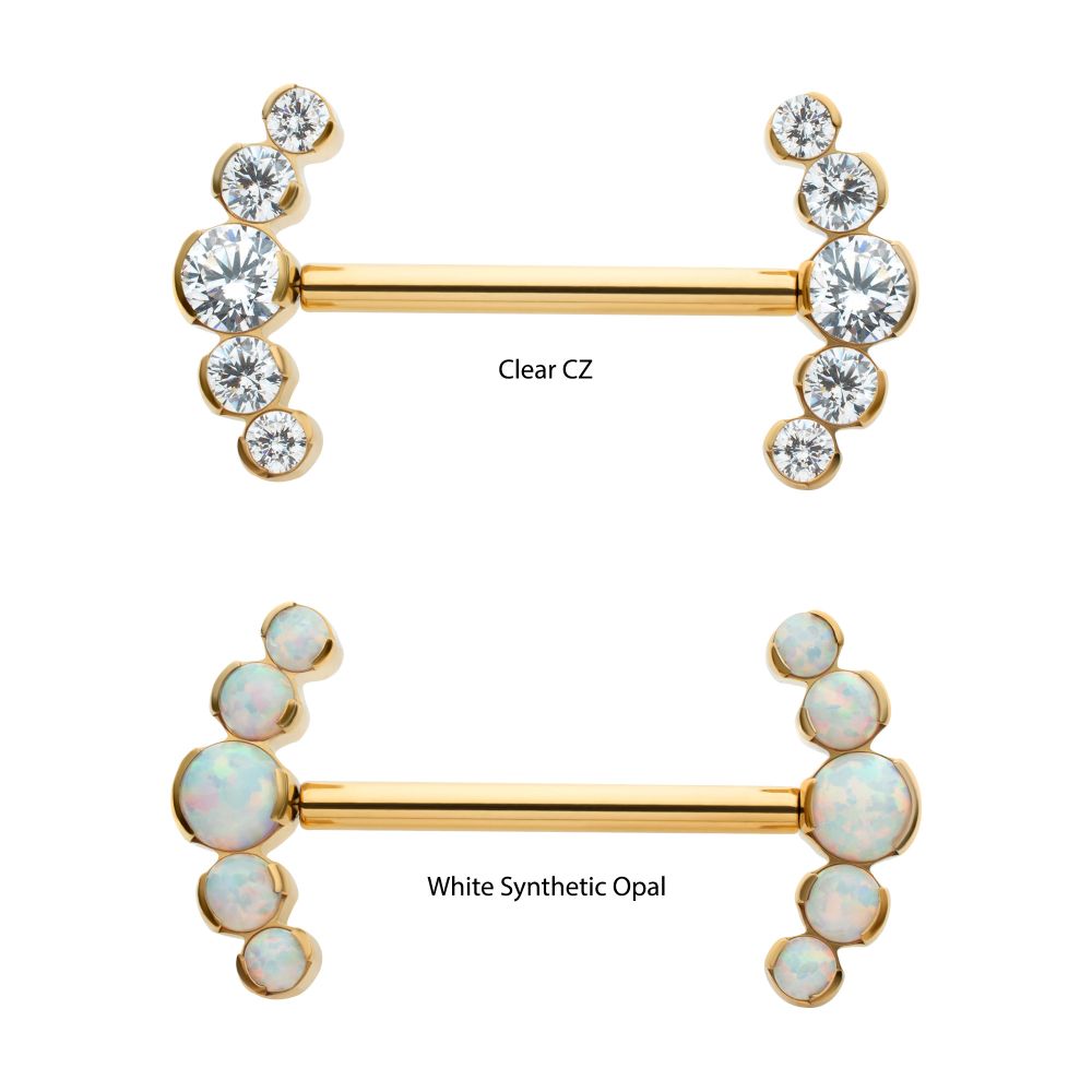24KT GOLD PVD TITANIUM SEMI-BEZEL SET ROUND GEM/OPAL 5-CLUSTER END NIPPLE BARBELL (ONE SIDE FIXED,ONE SIDE THREADLESS)