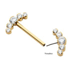 24KT GOLD PVD TITANIUM SEMI-BEZEL SET ROUND GEM/OPAL 5-CLUSTER END NIPPLE BARBELL (ONE SIDE FIXED,ONE SIDE THREADLESS)