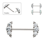 TITANIUM BEADS AND SEMI-BEZEL SET ROUND GEM/OPAL 3-CLUSTER ENDS NIPPLE BARBELL (ONE SIDE FIXED,ONE SIDE THREADLESS)