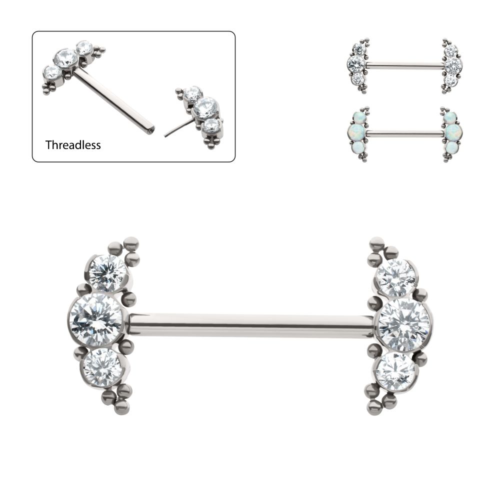 TITANIUM BEADS AND SEMI-BEZEL SET ROUND GEM/OPAL 3-CLUSTER ENDS NIPPLE BARBELL (ONE SIDE FIXED,ONE SIDE THREADLESS)