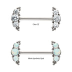 TITANIUM BEADS AND SEMI-BEZEL SET ROUND GEM/OPAL 3-CLUSTER ENDS NIPPLE BARBELL (ONE SIDE FIXED,ONE SIDE THREADLESS)