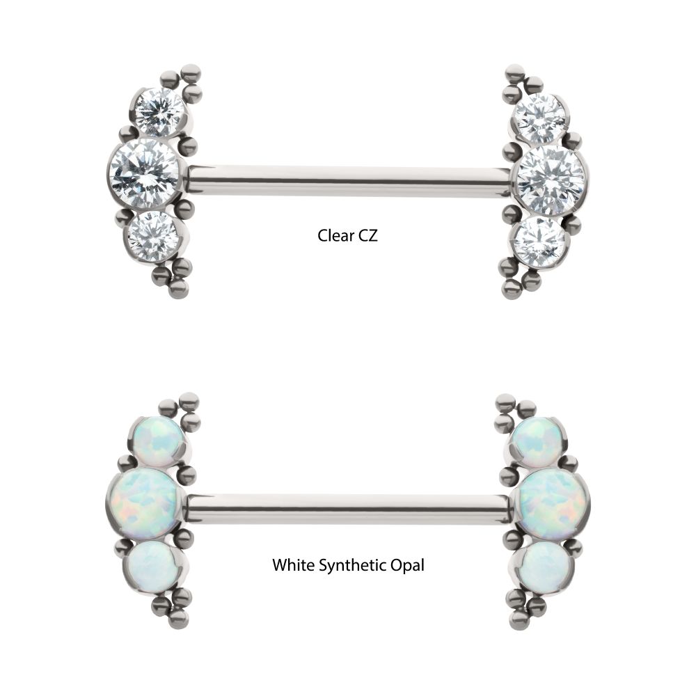 TITANIUM BEADS AND SEMI-BEZEL SET ROUND GEM/OPAL 3-CLUSTER ENDS NIPPLE BARBELL (ONE SIDE FIXED,ONE SIDE THREADLESS)