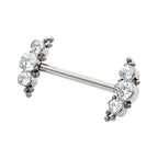 TITANIUM BEADS AND SEMI-BEZEL SET ROUND GEM/OPAL 3-CLUSTER ENDS NIPPLE BARBELL (ONE SIDE FIXED,ONE SIDE THREADLESS)