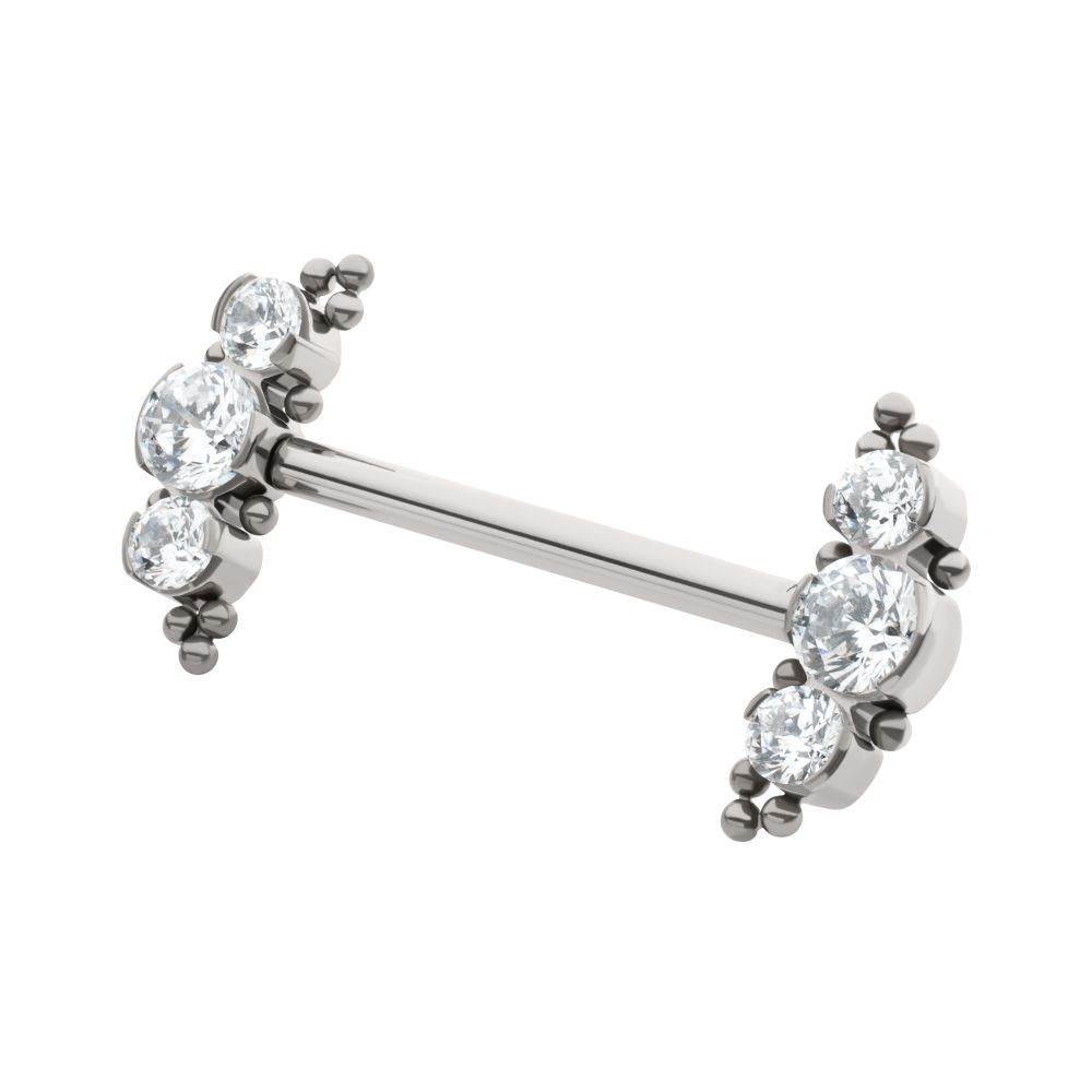 TITANIUM BEADS AND SEMI-BEZEL SET ROUND GEM/OPAL 3-CLUSTER ENDS NIPPLE BARBELL (ONE SIDE FIXED,ONE SIDE THREADLESS)