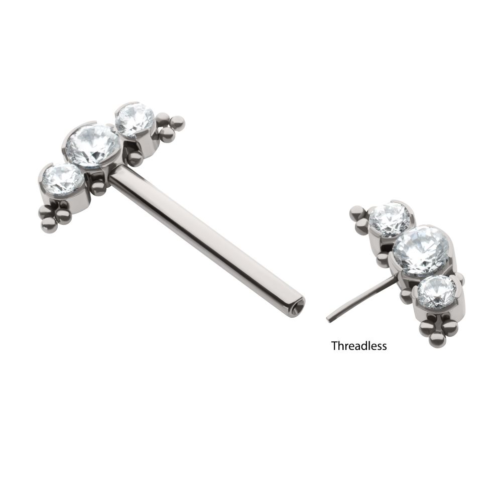 TITANIUM BEADS AND SEMI-BEZEL SET ROUND GEM/OPAL 3-CLUSTER ENDS NIPPLE BARBELL (ONE SIDE FIXED,ONE SIDE THREADLESS)