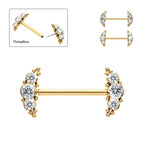 24K GOLD PVD TITANIUM THREADLESS NIPPLE BARBELL WITH BEADS & SEMI-BEZEL SET ROUND GEM/OPAL 3-CLUSTER ENDS