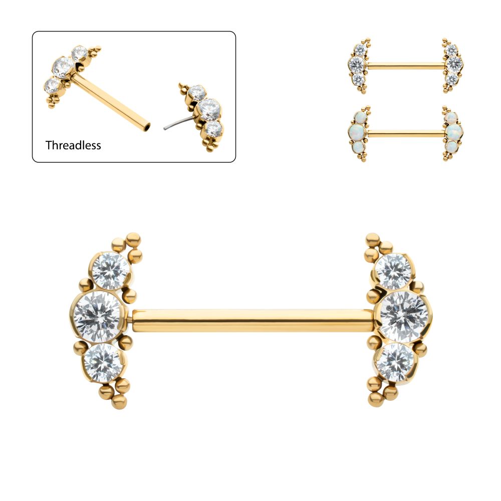 24K GOLD PVD TITANIUM THREADLESS NIPPLE BARBELL WITH BEADS & SEMI-BEZEL SET ROUND GEM/OPAL 3-CLUSTER ENDS
