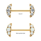 24K GOLD PVD TITANIUM THREADLESS NIPPLE BARBELL WITH BEADS & SEMI-BEZEL SET ROUND GEM/OPAL 3-CLUSTER ENDS