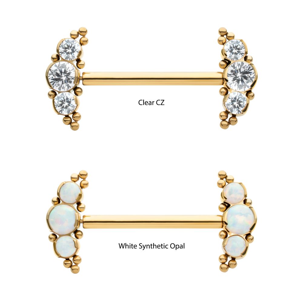 24K GOLD PVD TITANIUM THREADLESS NIPPLE BARBELL WITH BEADS & SEMI-BEZEL SET ROUND GEM/OPAL 3-CLUSTER ENDS
