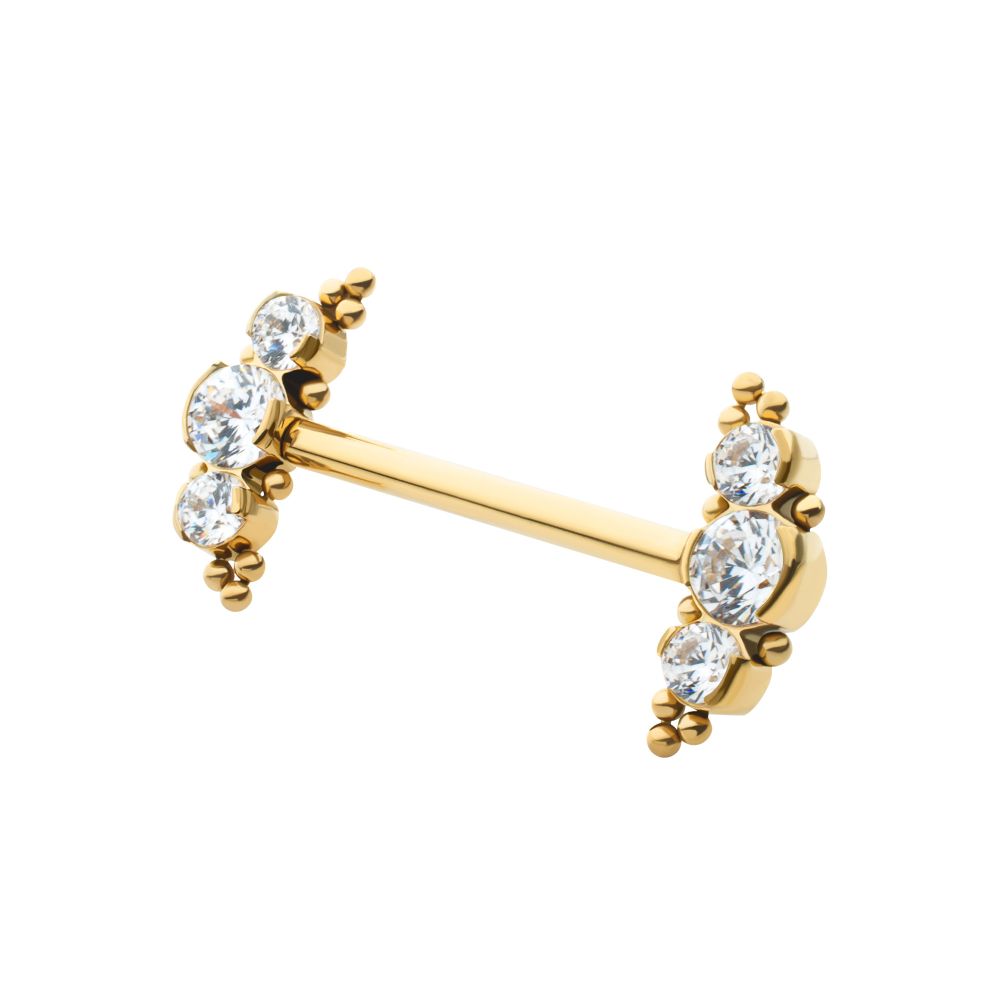 24K GOLD PVD TITANIUM THREADLESS NIPPLE BARBELL WITH BEADS & SEMI-BEZEL SET ROUND GEM/OPAL 3-CLUSTER ENDS