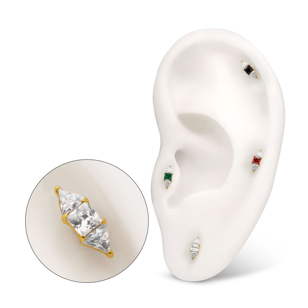 24KT GOLD PVD TITANIUM THREADLESS TRI-LINEAR GEM CLUSTER TOP